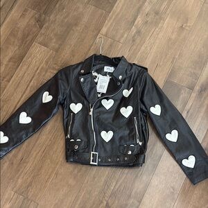 lol & the boys Black Leather Jacket with White Heart Accents